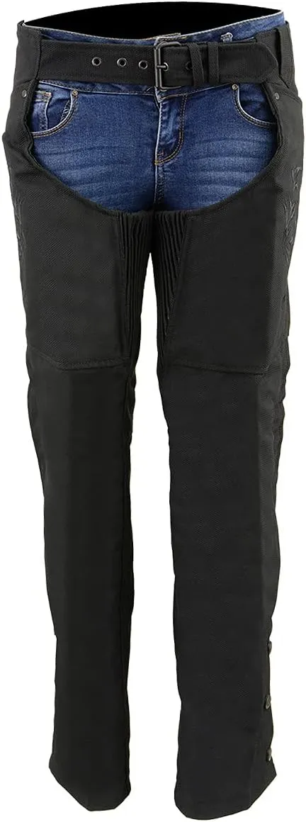 Milwaukee Leather SH1182 Women's Black with Pink Textile Motorcycle Riding Chaps with Tribal Embroidery