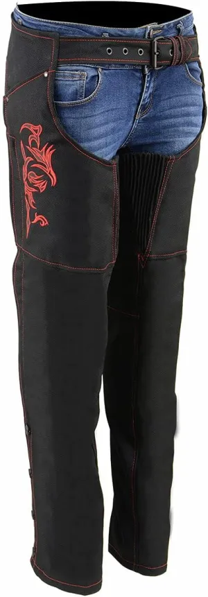 Milwaukee Leather SH1182 Women's Black with Pink Textile Motorcycle Riding Chaps with Tribal Embroidery