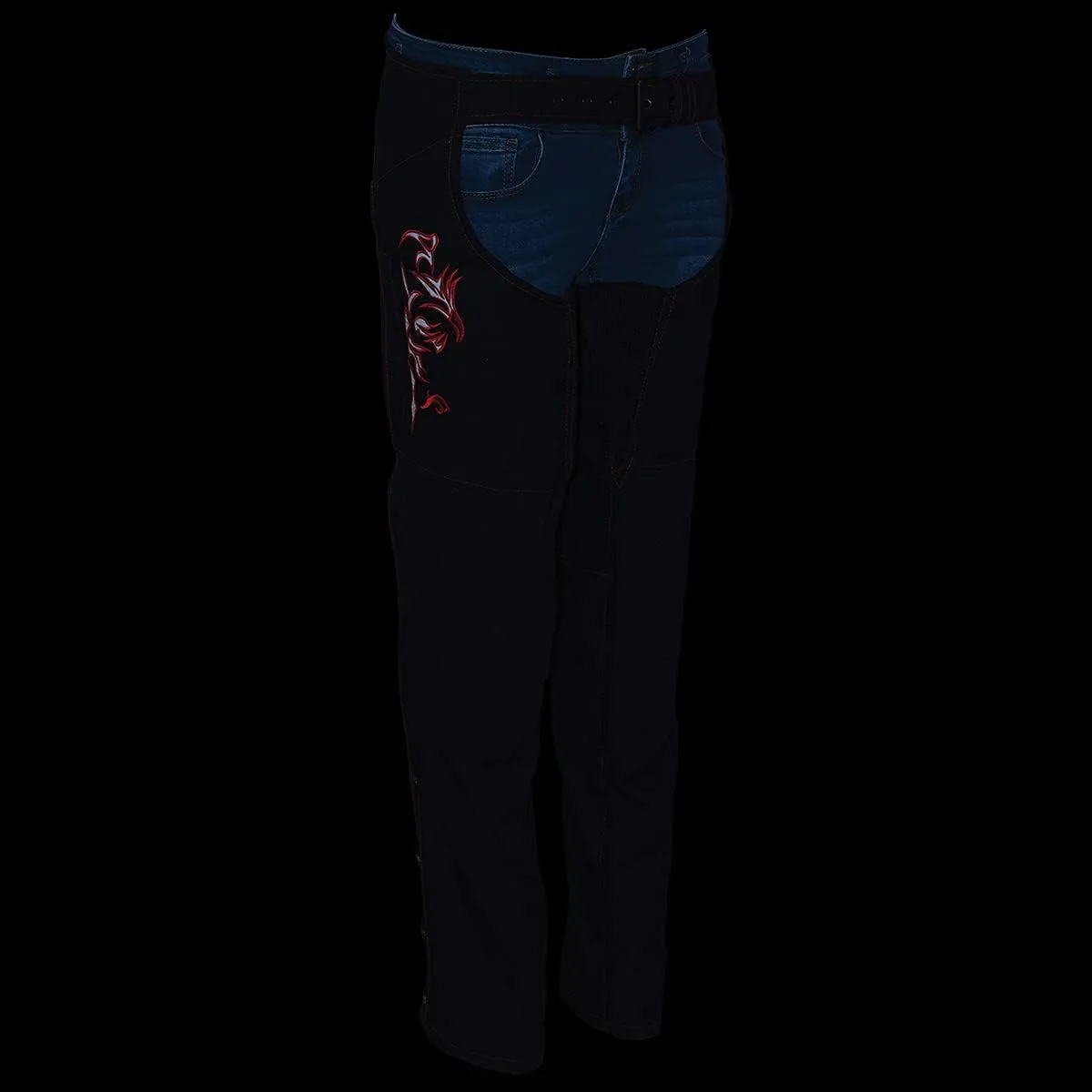 Milwaukee Leather SH1182 Women's Black with Pink Textile Motorcycle Riding Chaps with Tribal Embroidery