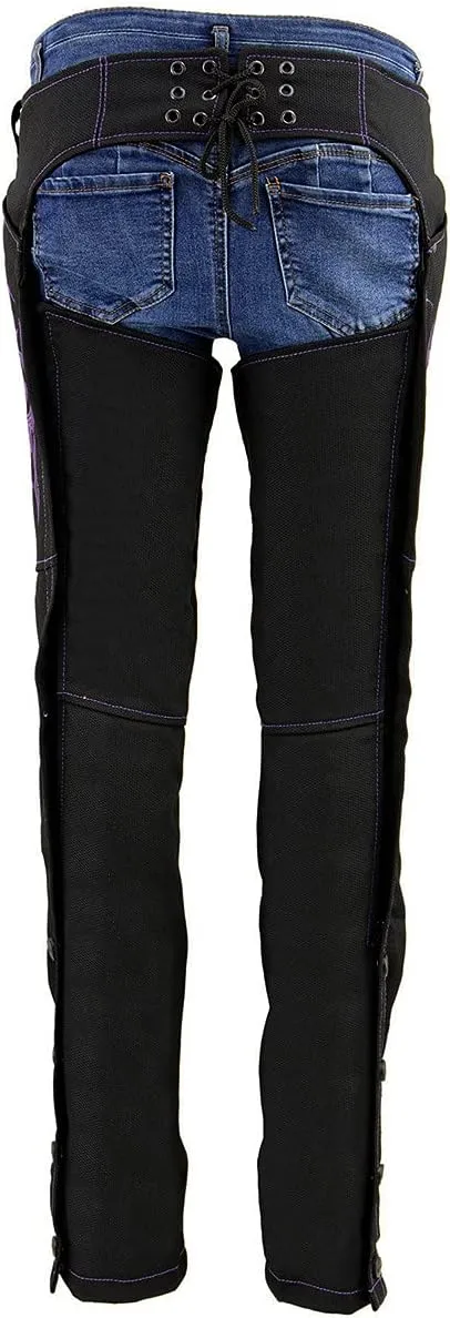 Milwaukee Leather SH1182 Women's Black with Pink Textile Motorcycle Riding Chaps with Tribal Embroidery