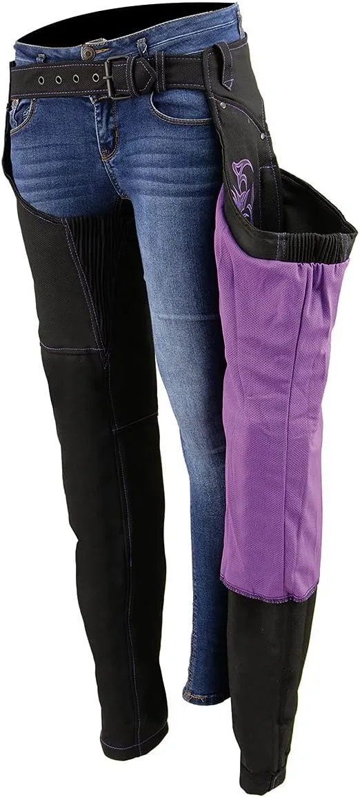 Milwaukee Leather SH1182 Women's Black with Pink Textile Motorcycle Riding Chaps with Tribal Embroidery