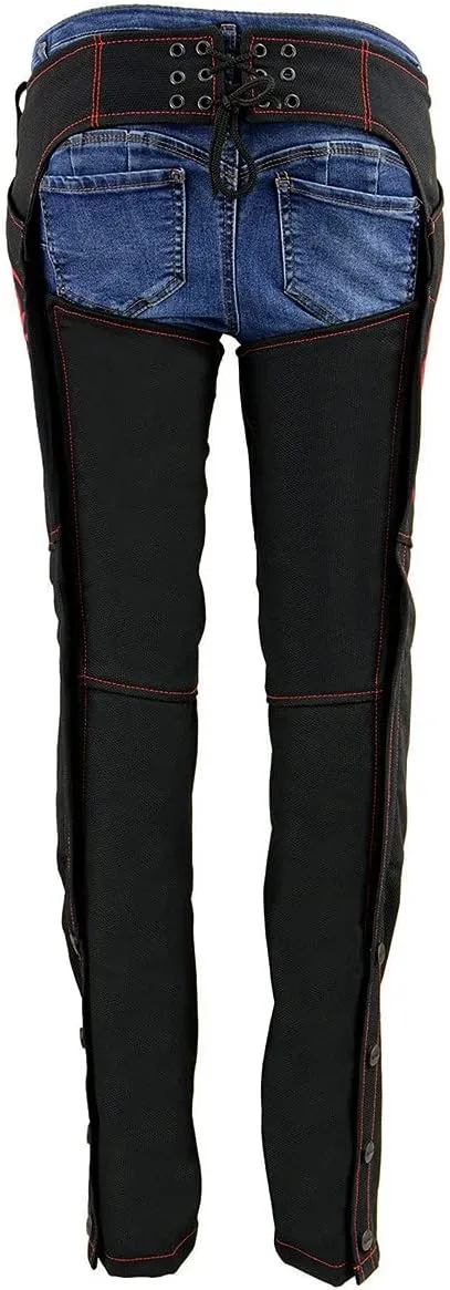 Milwaukee Leather SH1182 Women's Black with Pink Textile Motorcycle Riding Chaps with Tribal Embroidery