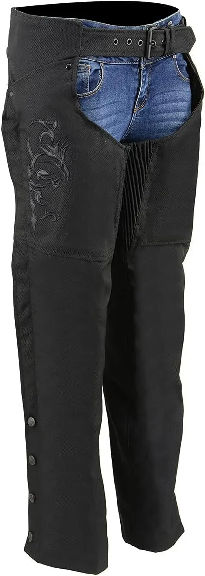 Milwaukee Leather SH1182 Women's Black with Pink Textile Motorcycle Riding Chaps with Tribal Embroidery