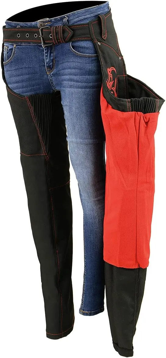 Milwaukee Leather SH1182 Women's Black with Pink Textile Motorcycle Riding Chaps with Tribal Embroidery