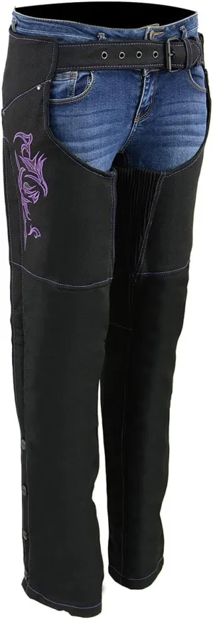 Milwaukee Leather SH1182 Women's Black with Pink Textile Motorcycle Riding Chaps with Tribal Embroidery