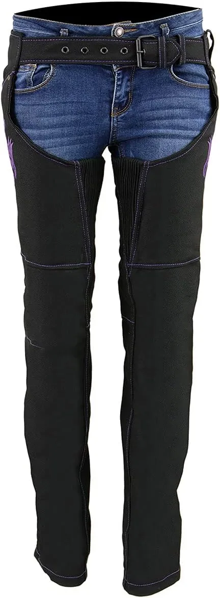 Milwaukee Leather SH1182 Women's Black with Pink Textile Motorcycle Riding Chaps with Tribal Embroidery