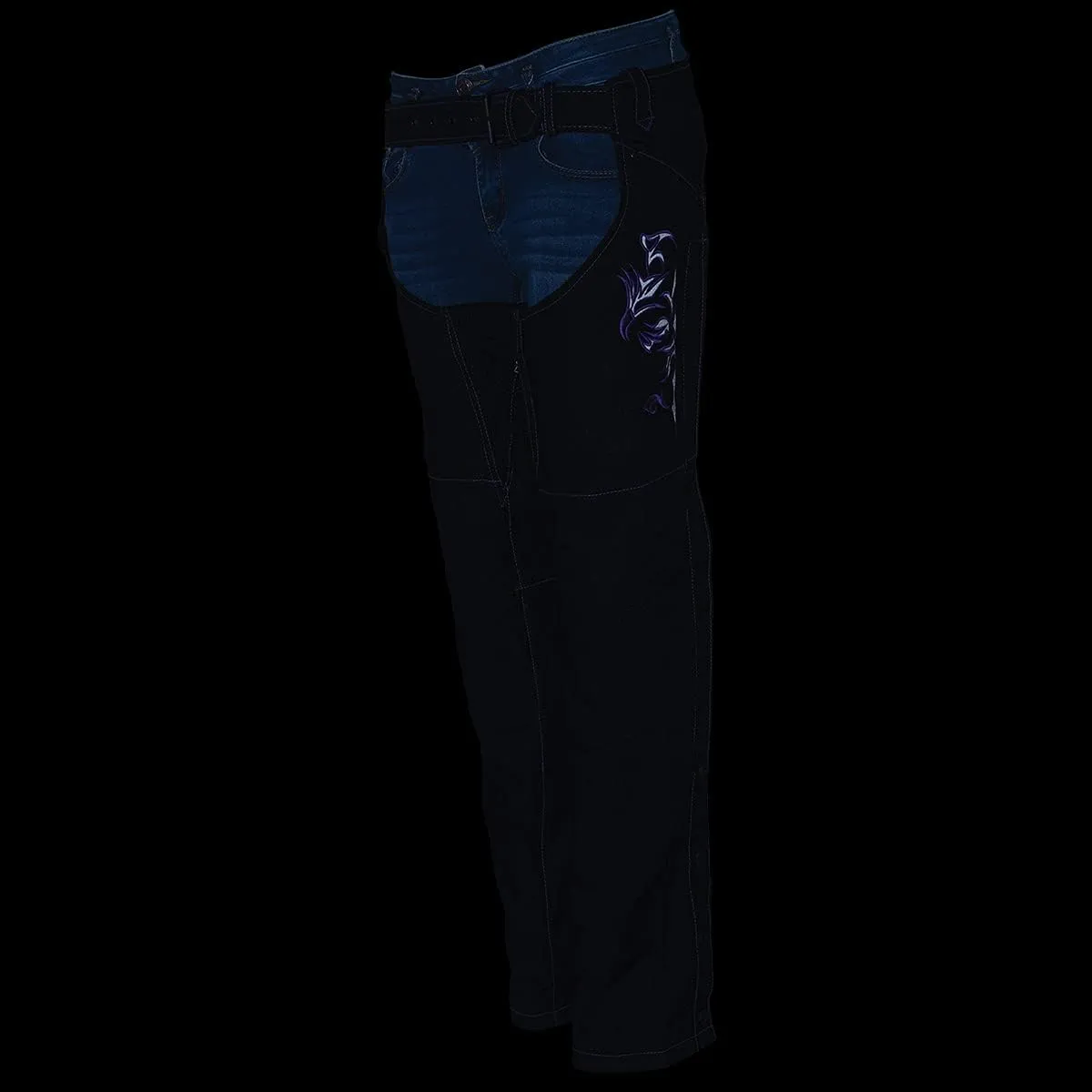 Milwaukee Leather SH1182 Women's Black with Pink Textile Motorcycle Riding Chaps with Tribal Embroidery