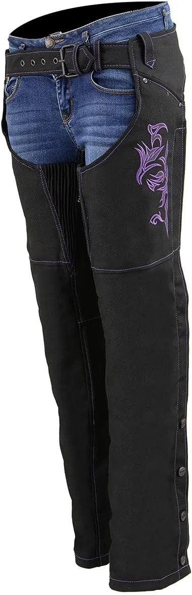 Milwaukee Leather SH1182 Women's Black with Pink Textile Motorcycle Riding Chaps with Tribal Embroidery