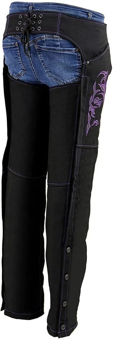 Milwaukee Leather SH1182 Women's Black with Pink Textile Motorcycle Riding Chaps with Tribal Embroidery