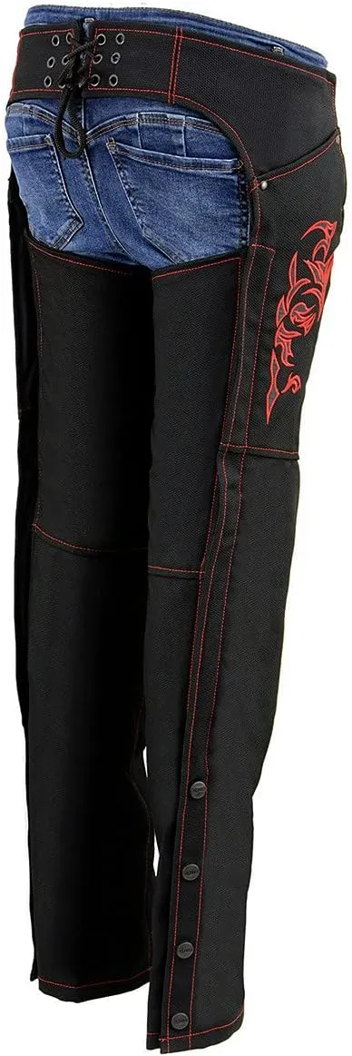 Milwaukee Leather SH1182 Women's Black with Pink Textile Motorcycle Riding Chaps with Tribal Embroidery