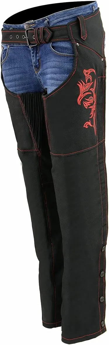 Milwaukee Leather SH1182 Women's Black with Pink Textile Motorcycle Riding Chaps with Tribal Embroidery
