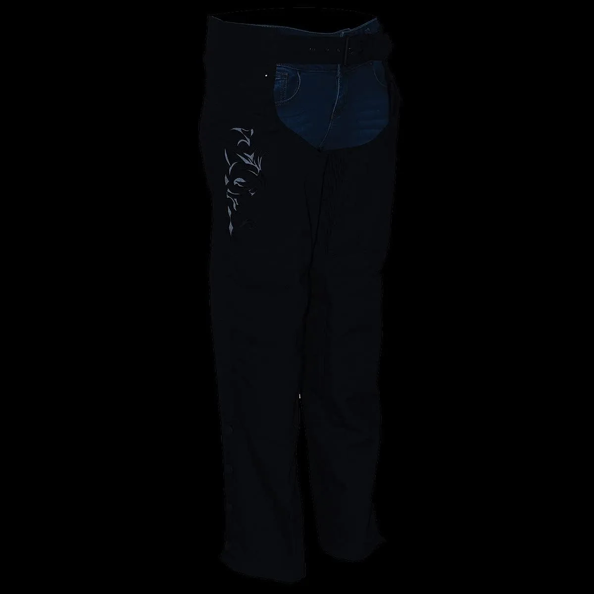 Milwaukee Leather SH1182 Women's Black with Pink Textile Motorcycle Riding Chaps with Tribal Embroidery