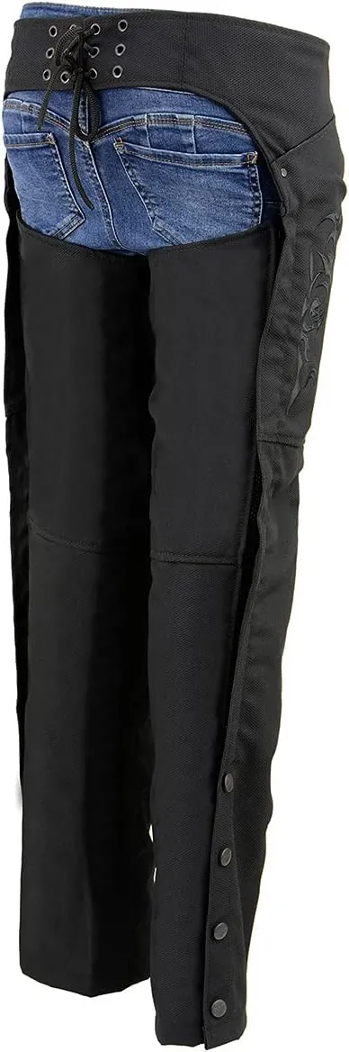 Milwaukee Leather SH1182 Women's Black with Pink Textile Motorcycle Riding Chaps with Tribal Embroidery