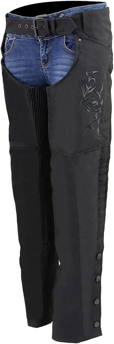 Milwaukee Leather SH1182 Women's Black with Pink Textile Motorcycle Riding Chaps with Tribal Embroidery