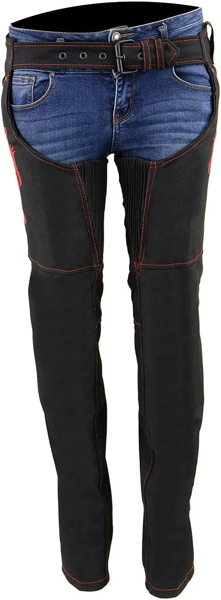 Milwaukee Leather SH1182 Women's Black with Pink Textile Motorcycle Riding Chaps with Tribal Embroidery