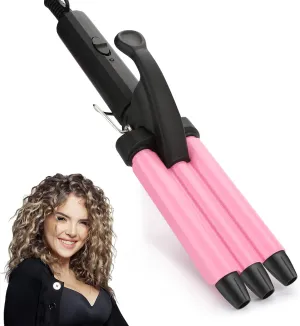 Mini 3 Barrel Curling Iron, Dual Voltage Triple Barrel Hair Waver for Home and Travel, Ceramic Tourmaline 1/2 Inch, Pink