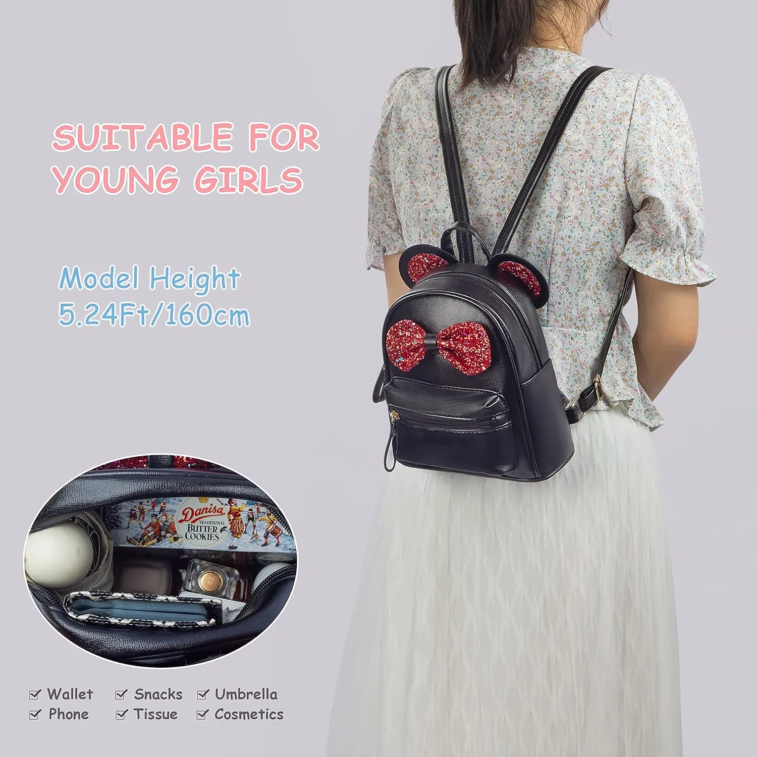 Mini Backpack for Girls with Cute Bowknot and Mouse Ears