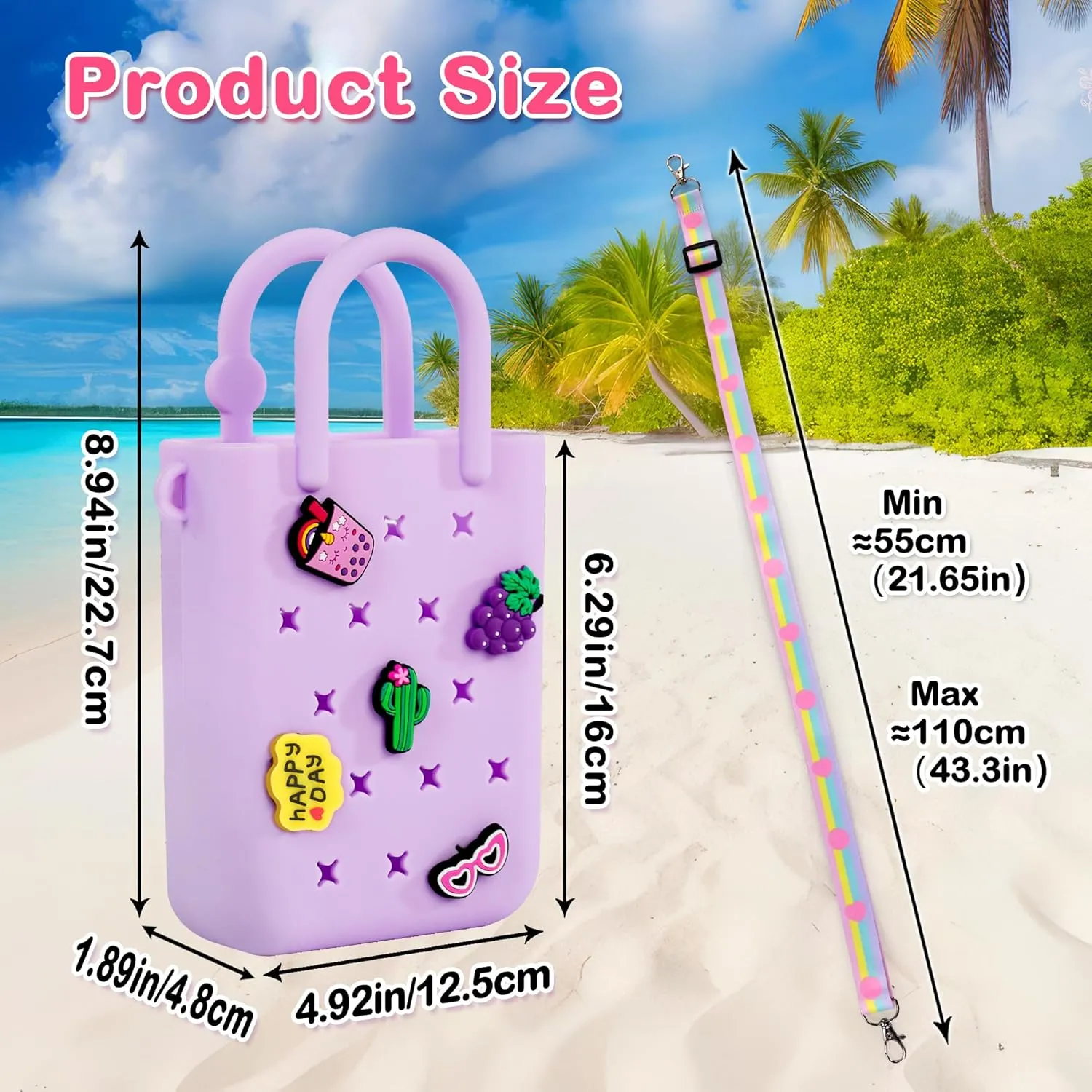 Mini Rubber Tote Bag, EVA Waterproof Beach Tote for Little Girls And Woman, Silicone Hole Small Beach Tote for Travel Outdoor, Cute Rubber Beach Bag with 20 Charms & Adjustable Shoulder Strap