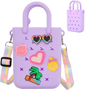 Mini Rubber Tote Bag, EVA Waterproof Beach Tote for Little Girls And Woman, Silicone Hole Small Beach Tote for Travel Outdoor, Cute Rubber Beach Bag with 20 Charms & Adjustable Shoulder Strap