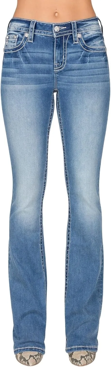 Miss Me Women's Mid-Rise Bootcut Jeans, Floral Pastel Fleur de Lis, Stretch Denim