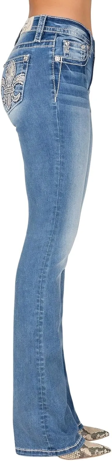 Miss Me Women's Mid-Rise Bootcut Jeans, Floral Pastel Fleur de Lis, Stretch Denim