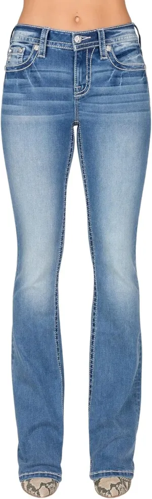 Miss Me Women's Mid-Rise Bootcut Jeans, Floral Pastel Fleur de Lis, Stretch Denim