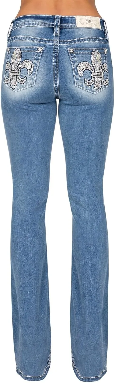 Miss Me Women's Mid-Rise Bootcut Jeans, Floral Pastel Fleur de Lis, Stretch Denim