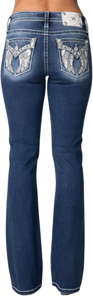 Miss Me Women's Tribal Feather Faux Flap Pocket Mid-Rise Bootcut Jeans