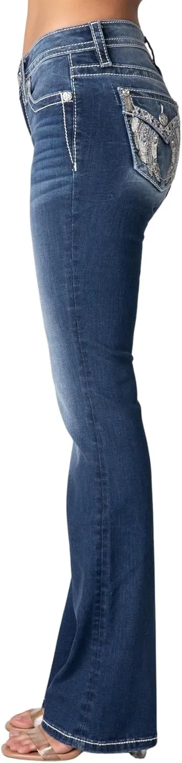 Miss Me Women's Tribal Feather Faux Flap Pocket Mid-Rise Bootcut Jeans