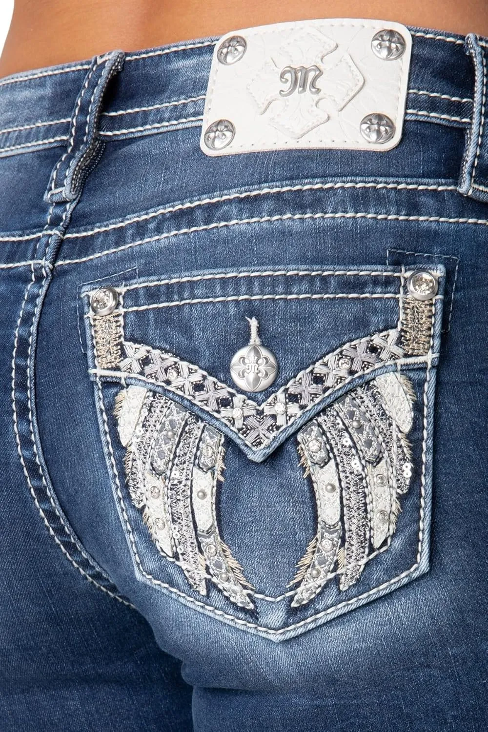 Miss Me Women's Tribal Feather Faux Flap Pocket Mid-Rise Bootcut Jeans
