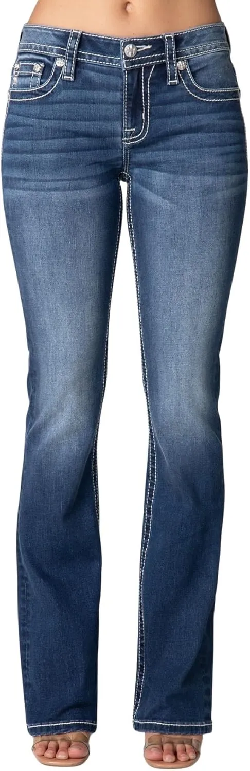 Miss Me Women's Tribal Feather Faux Flap Pocket Mid-Rise Bootcut Jeans