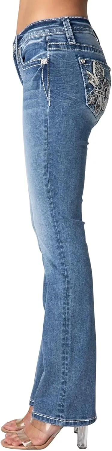 Miss Me Women's Wild Spirit Fleur de Lis Mid-Rise Bootcut Jeans