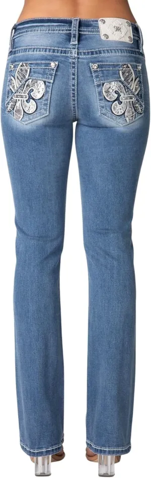 Miss Me Women's Wild Spirit Fleur de Lis Mid-Rise Bootcut Jeans