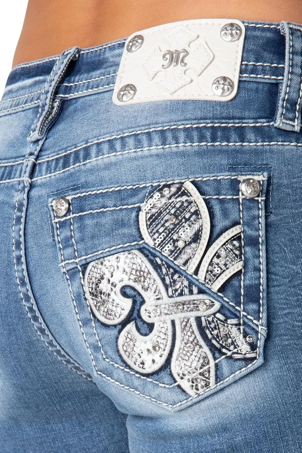 Miss Me Women's Wild Spirit Fleur de Lis Mid-Rise Bootcut Jeans