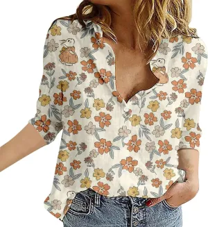 Miyaomn Casual Floral Linen Tops for Women Long Sleeve Button Down Shirts All Over Print V Neck Loose Fit Summer Fall Blouses