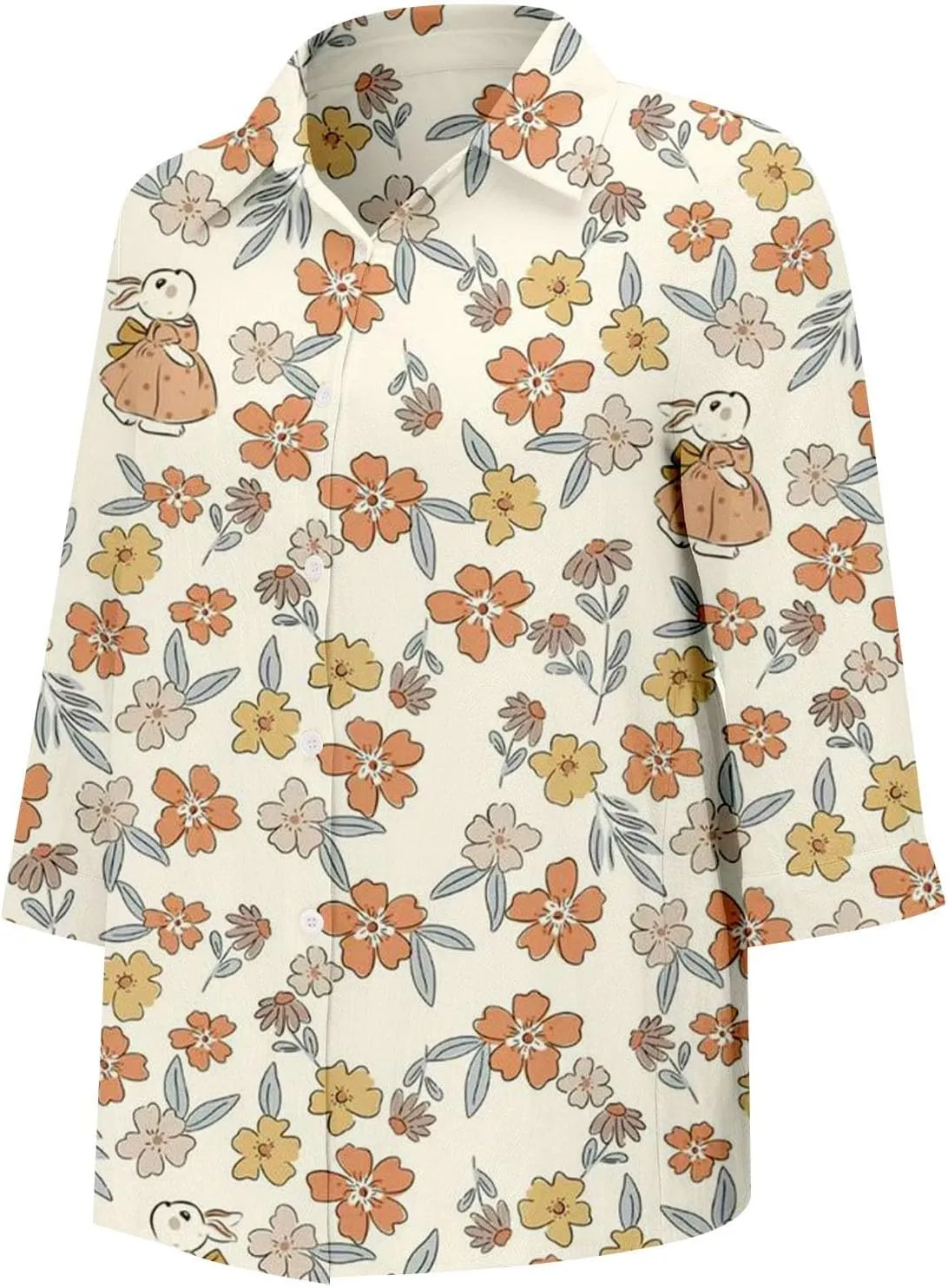 Miyaomn Casual Floral Linen Tops for Women Long Sleeve Button Down Shirts All Over Print V Neck Loose Fit Summer Fall Blouses