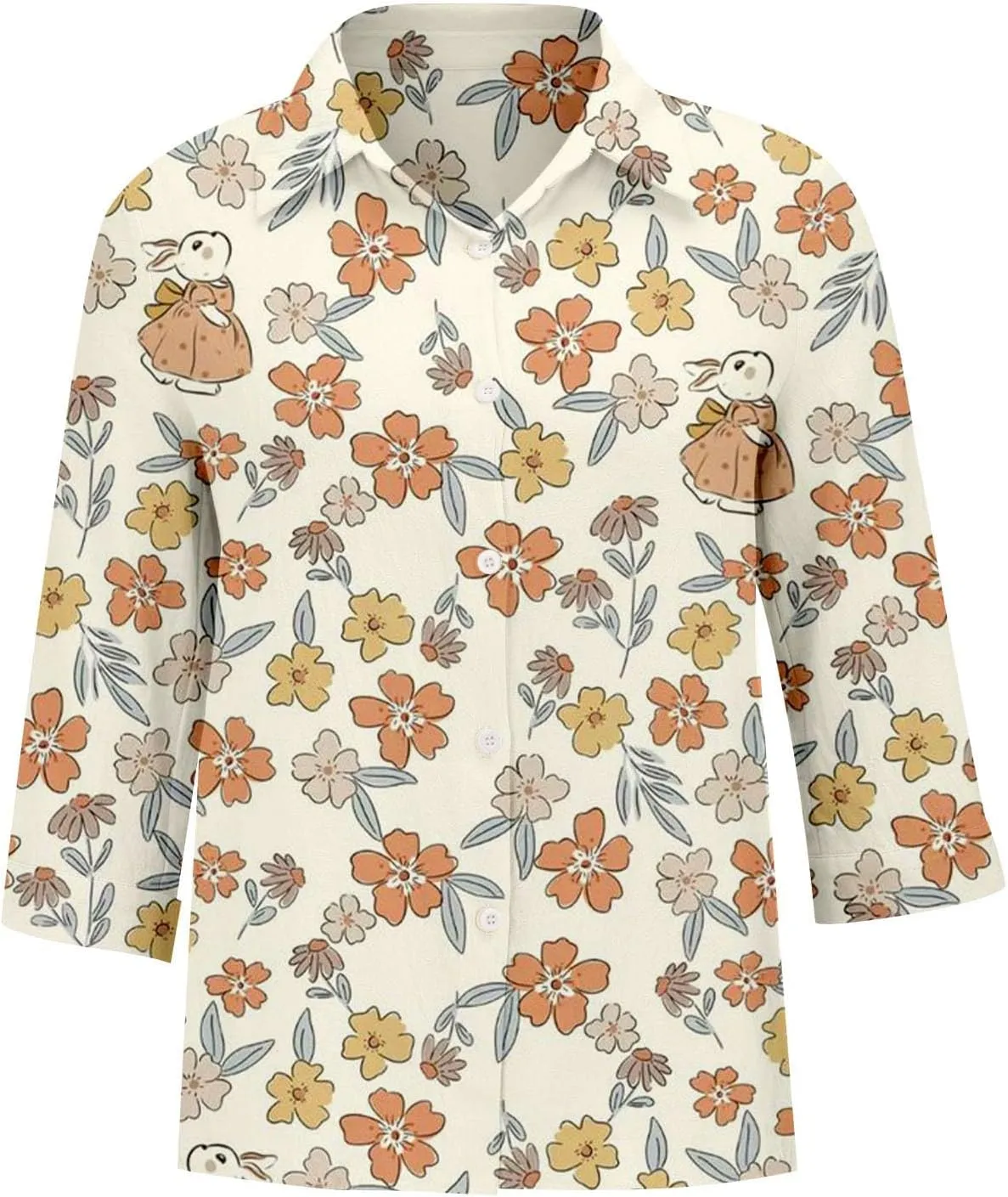 Miyaomn Casual Floral Linen Tops for Women Long Sleeve Button Down Shirts All Over Print V Neck Loose Fit Summer Fall Blouses