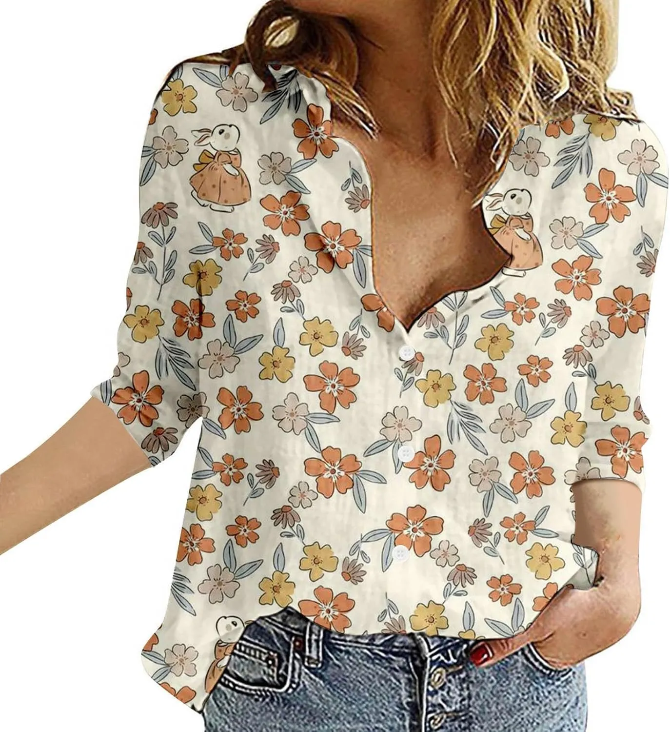 Miyaomn Casual Floral Linen Tops for Women Long Sleeve Button Down Shirts All Over Print V Neck Loose Fit Summer Fall Blouses