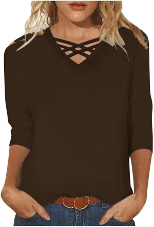 Miyaomn Women's 3/4 Sleeve T-Shirts Crisscross V Neck Solid Color Casual Blouse Slim Fit Lightweight Summer Autumn Basic Tops