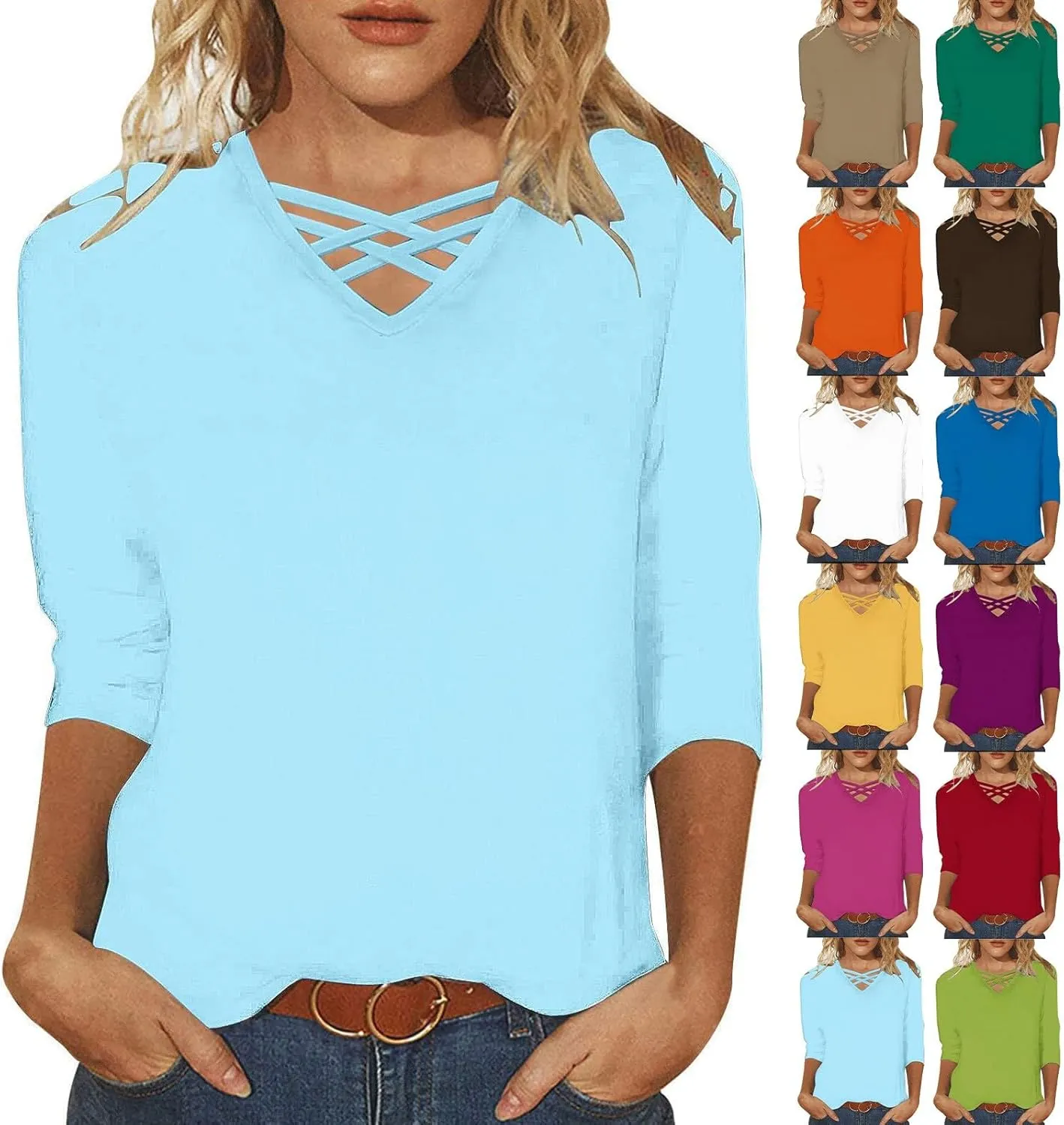 Miyaomn Women's 3/4 Sleeve T-Shirts Crisscross V Neck Solid Color Casual Blouse Slim Fit Lightweight Summer Autumn Basic Tops