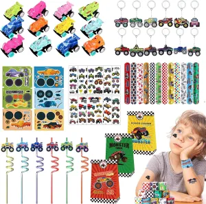 Monster Truck Party Favors Set, monster truck birthday decorations including 7 Types 84 Pcs Drinking Straws Gift Bags Mini Pull Cars Keychains DIY Stickers Temporary Tattoos Slap Bracelet