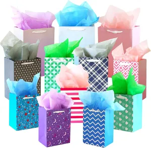 Moretoes 12 Pack Gift Bags Assorted Sizes and Designs, Gift Bags Bulk with Tissue Paper 12 Patterns in 3 Different Sizes for Birthday, Baby Showers