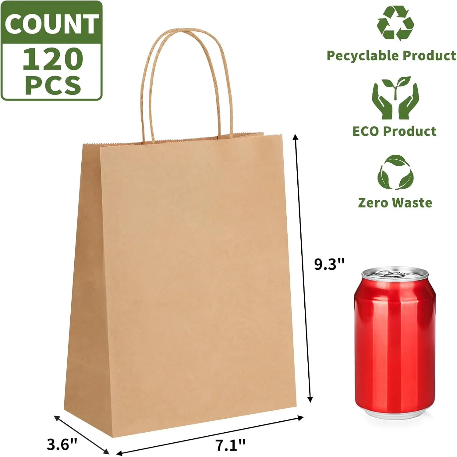 Moretoes 120pcs Brown Paper Bags with Handles, 7.1x3.6x9.3in, Medium Size Gift & Shopping Kraft Paper Bags for Party & Business