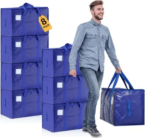 Moving Bags Heavy Duty Extra Large, Moving Boxes, Moving Supplies Essentials, Blue Storage Bins with Lids, Plastic Packing Totes, Storage Bags for Clothes with Handles & Zippers(Blue, 8 Pack)