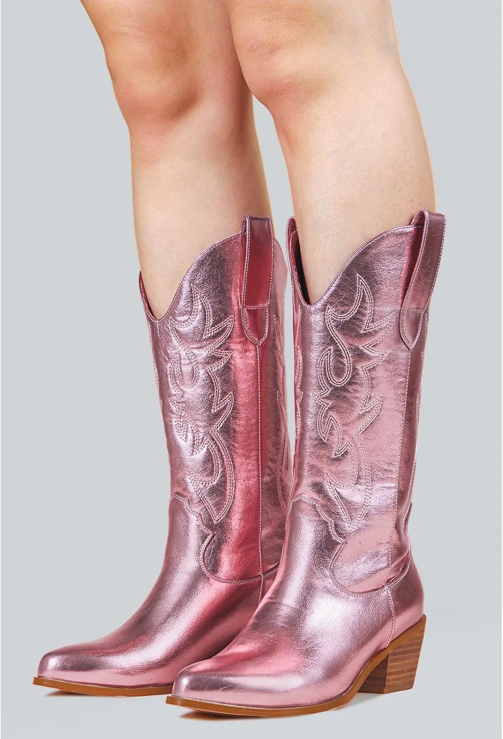 MUCCCUTE Cowboy Boots for Women - Cowgirl Boots Mid Calf with Embroidery, Pointed Toe Chunky Heel Western Boots Pull On