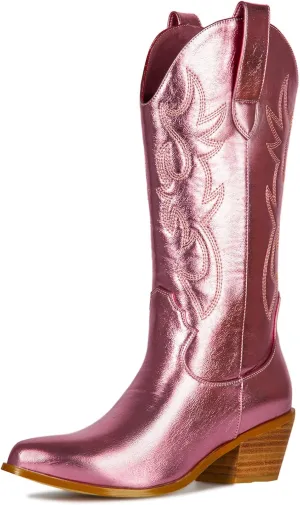 MUCCCUTE Cowboy Boots for Women - Cowgirl Boots Mid Calf with Embroidery, Pointed Toe Chunky Heel Western Boots Pull On