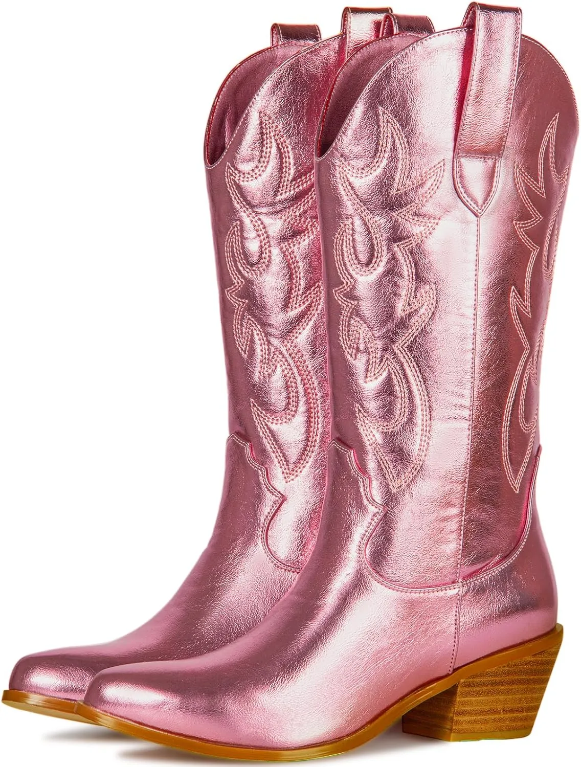 MUCCCUTE Cowboy Boots for Women - Cowgirl Boots Mid Calf with Embroidery, Pointed Toe Chunky Heel Western Boots Pull On