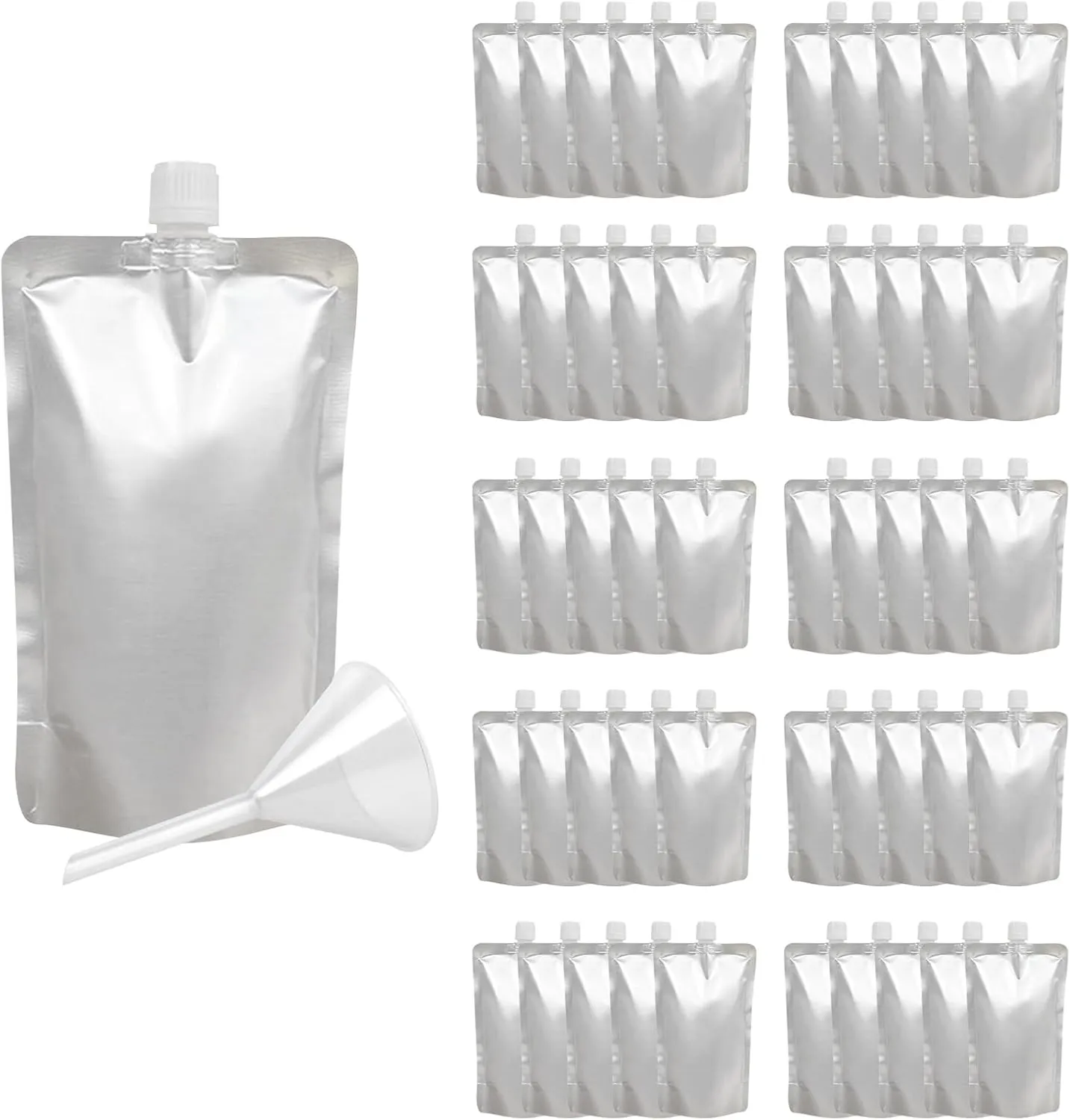 Muka 50 PCS Silver Foil Spout Bag, Reclosable Spout pouch with funnel, Heavy duty stand-up pouches (17 OZ,500 ML)