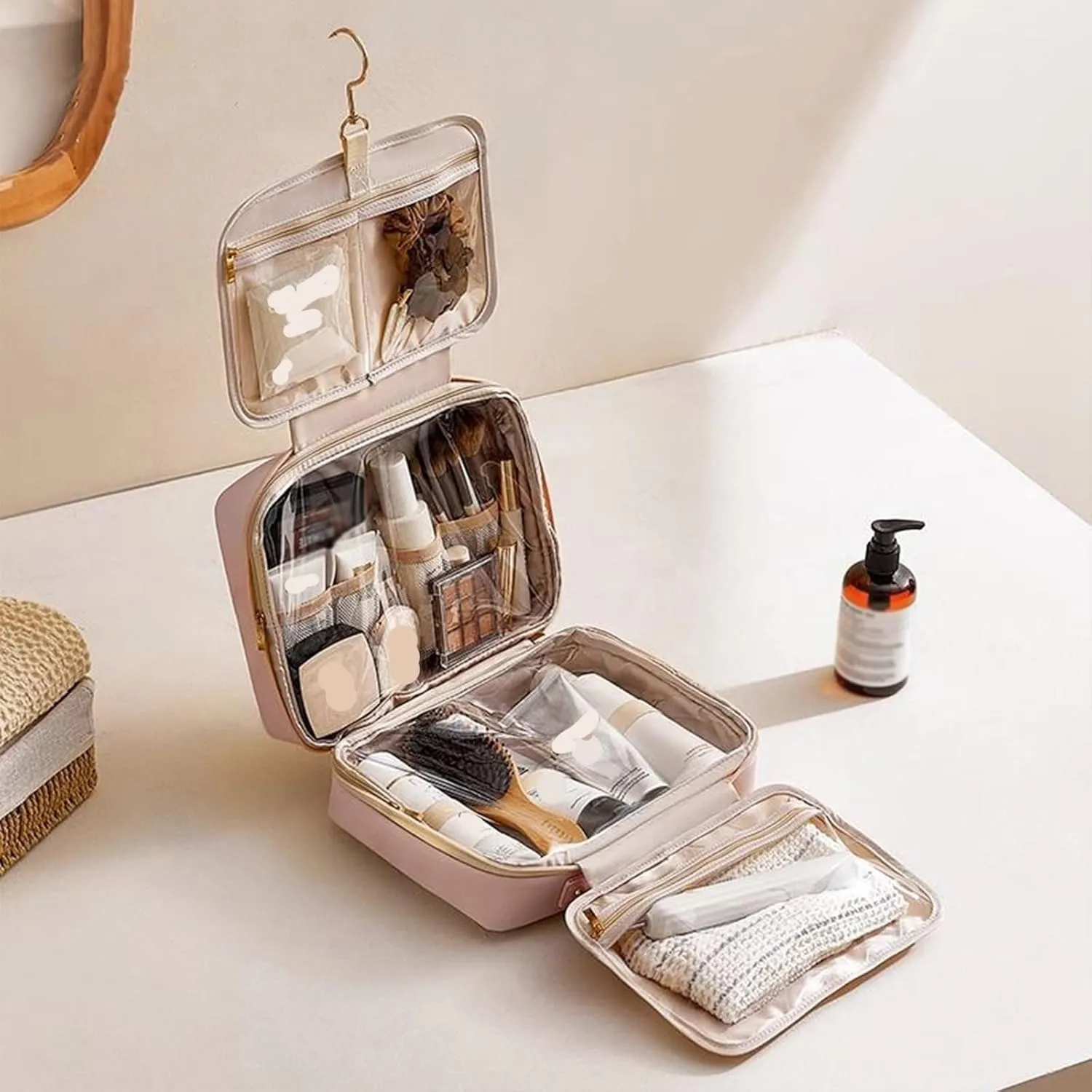 Multi Compartment Toiletry Cosmetic Bag, Large capacity, with handles, multiple compartments, waterproof Pu Leather (eggshell white)