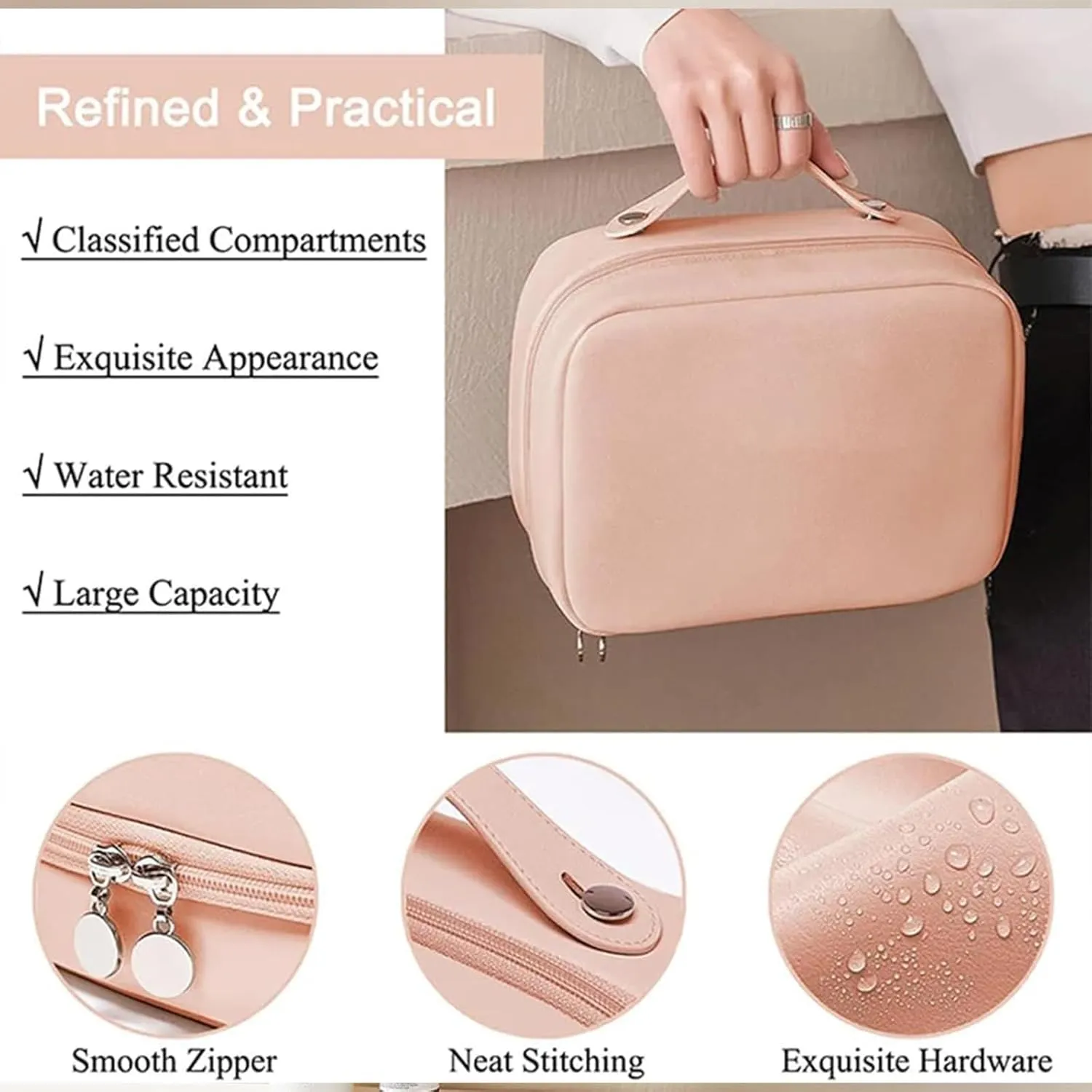 Multi Compartment Toiletry Cosmetic Bag, Large capacity, with handles, multiple compartments, waterproof Pu Leather (eggshell white)